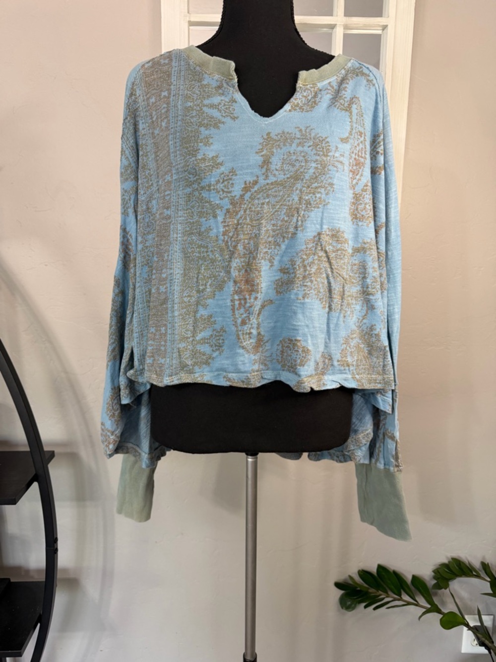 We The Free Sky Blue Paisley Cropped Pullover with Sage Trim